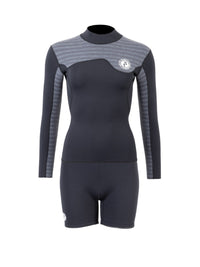 Two Bare Feet Womens Aspect Fleece Lined Zipless Thermal 2.5mm Superstretch Wetsuit Top & Hotpants Set (Black/Grey Stripes)