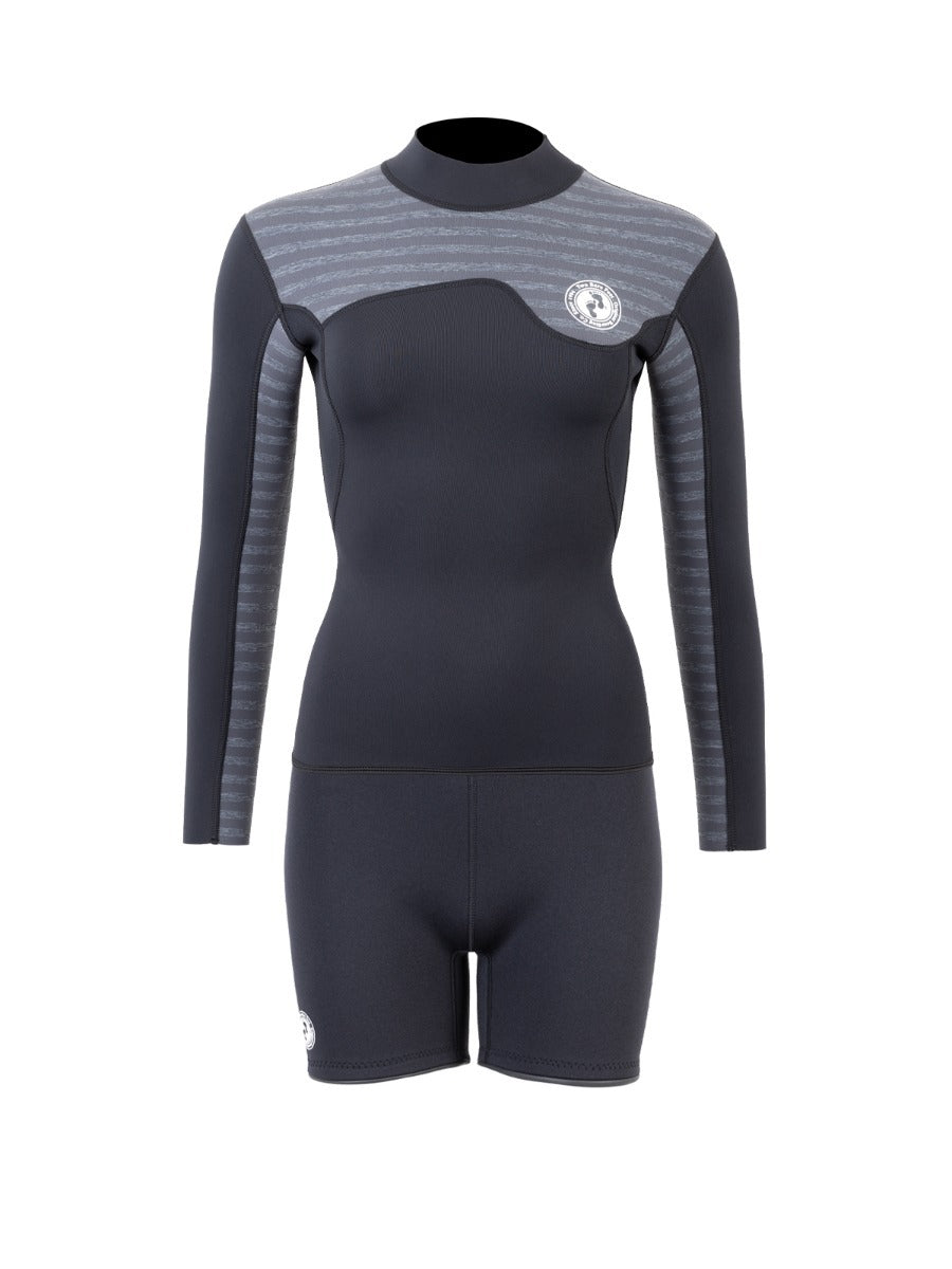Two Bare Feet Womens Aspect Fleece Lined Zipless Thermal 2.5mm Superstretch Wetsuit Top & Hotpants Set (Black/Grey Stripes)