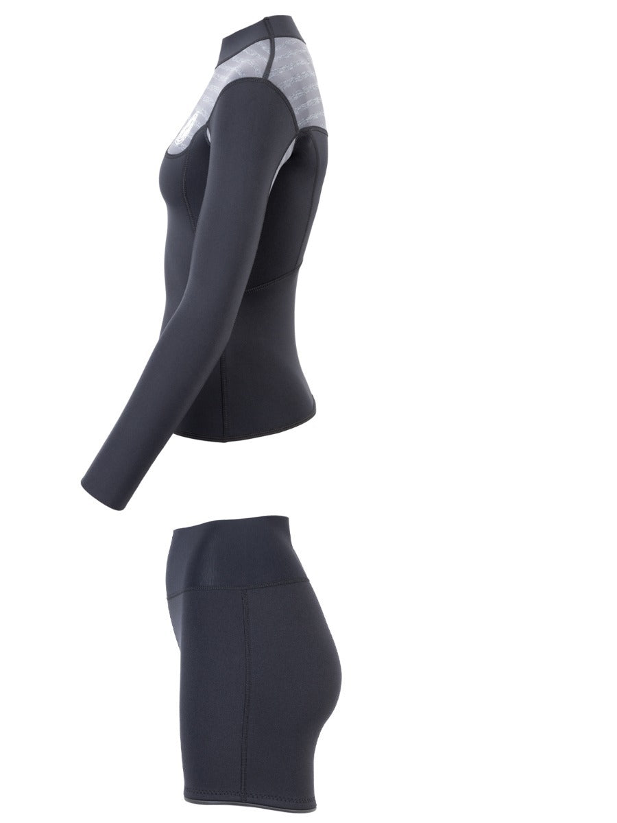Two Bare Feet Womens Aspect Fleece Lined Zipless Thermal 2.5mm Superstretch Wetsuit Top & Hotpants Set (Black/Grey Stripes)