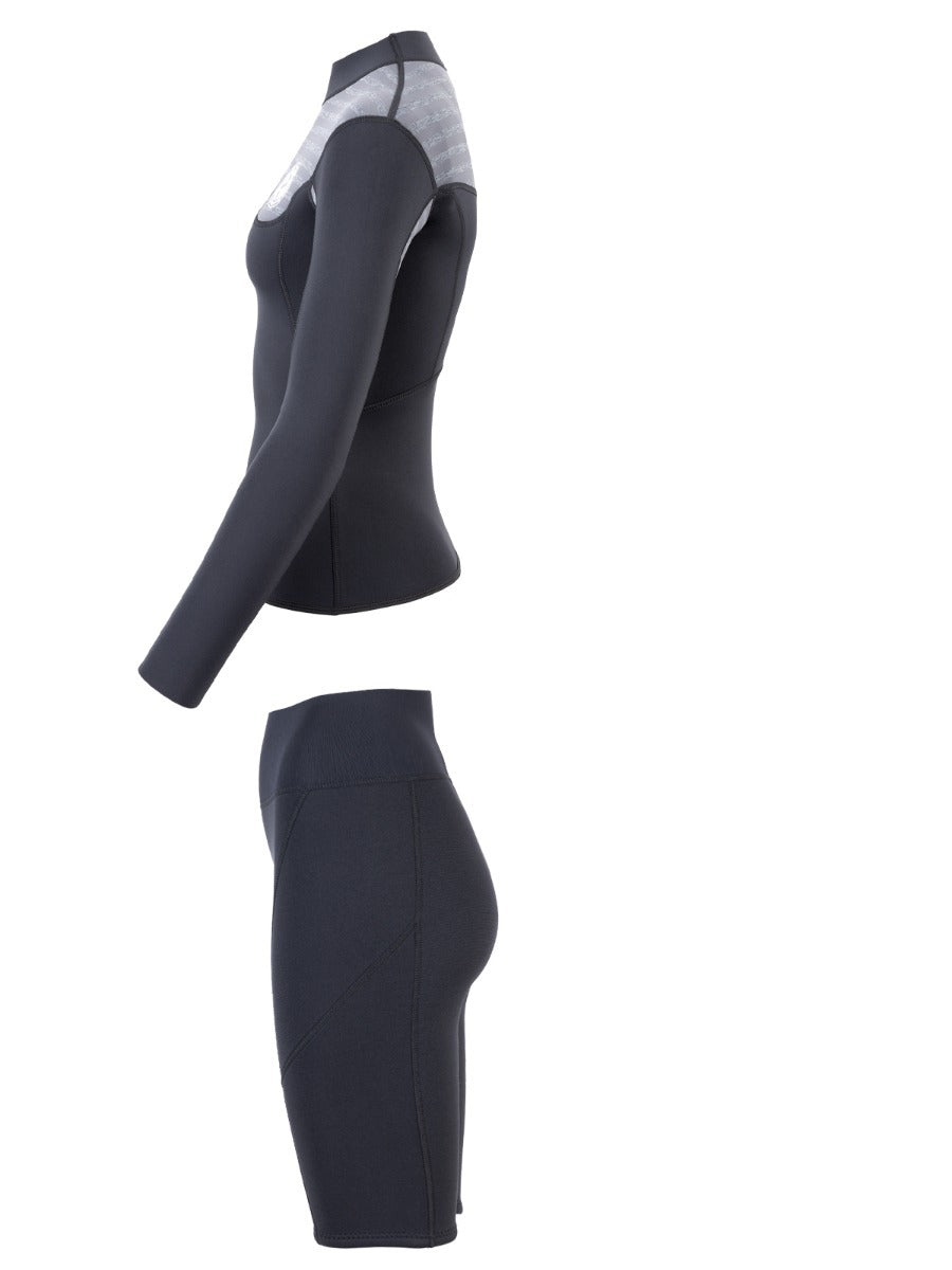 Two Bare Feet Womens Aspect Fleece Lined Zipless Thermal 2.5mm Superstretch Wetsuit Top & Shorts Set (Black/Grey Stripes)