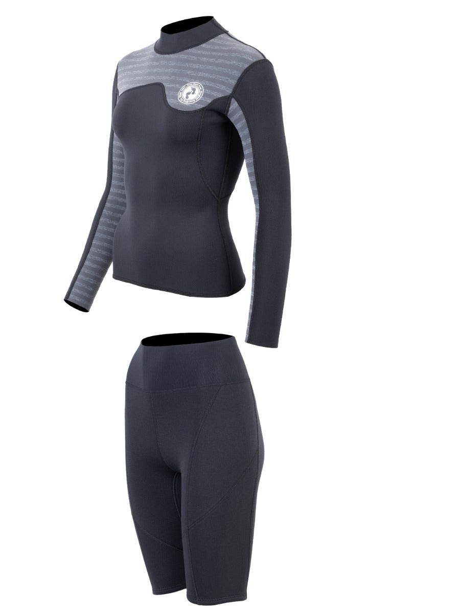 Two Bare Feet Womens Aspect Fleece Lined Zipless Thermal 2.5mm Superstretch Wetsuit Top & Shorts Set (Black/Grey Stripes)