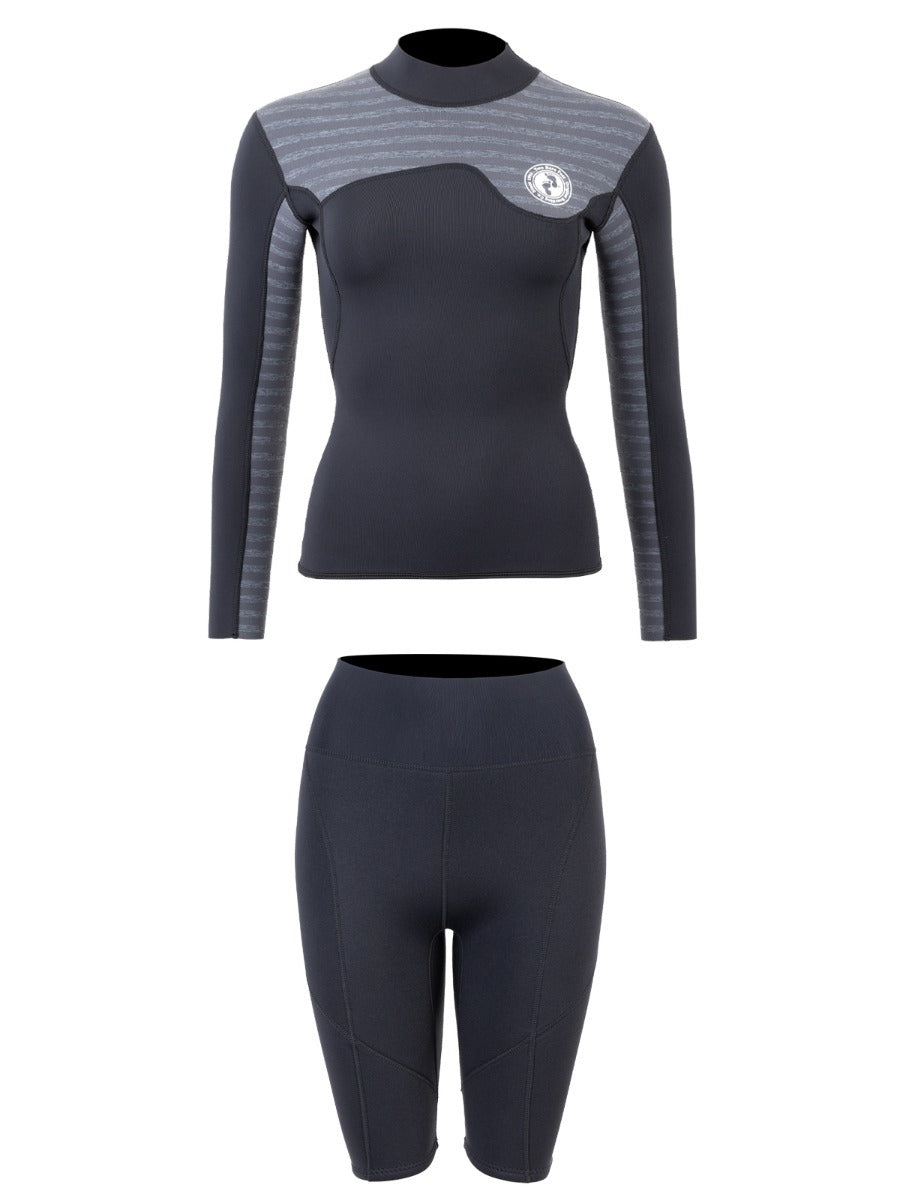Two Bare Feet Womens Aspect Fleece Lined Zipless Thermal 2.5mm Superstretch Wetsuit Top & Shorts Set (Black/Grey Stripes)