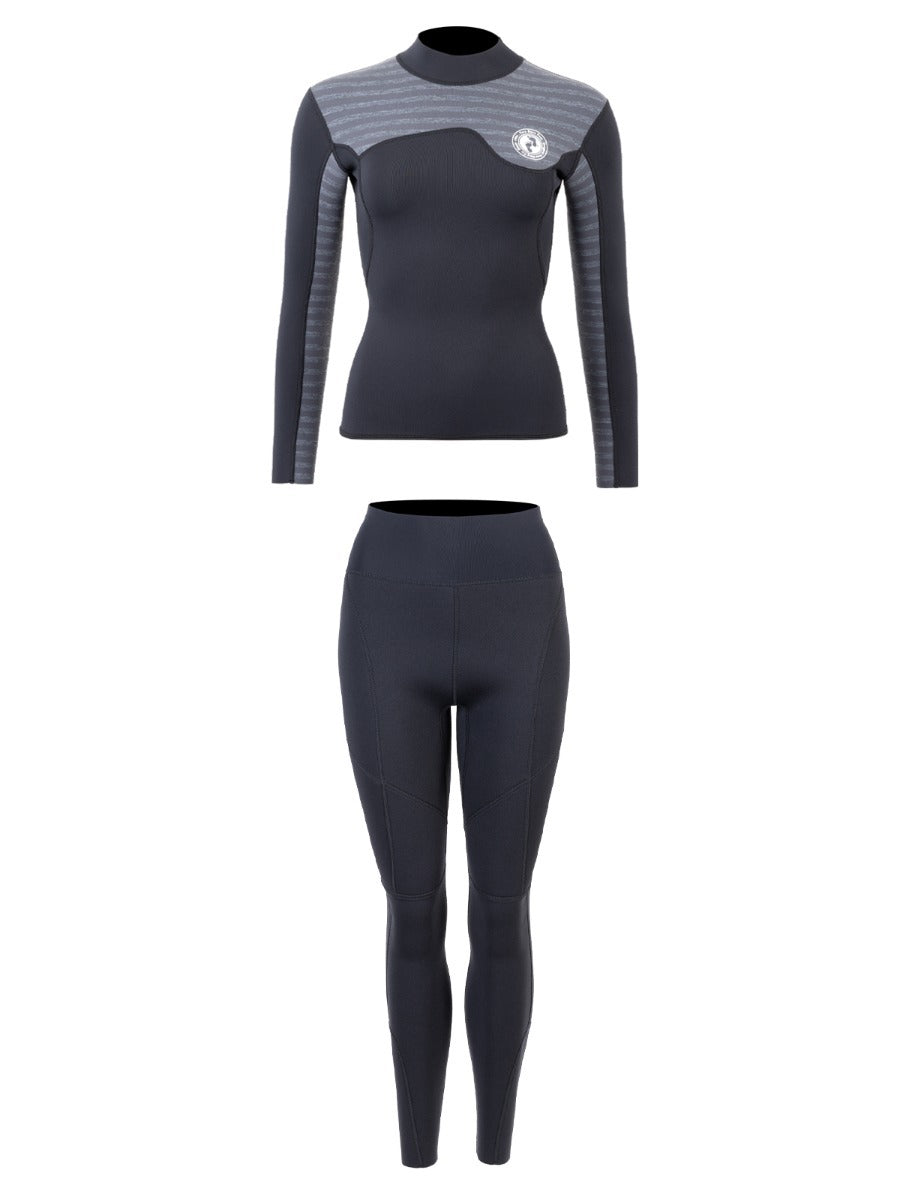 Two Bare Feet Womens Aspect Fleece Lined Zipless Thermal 2.5mm Superstretch Wetsuit Top & Pants Set (Black/Grey Stripes)