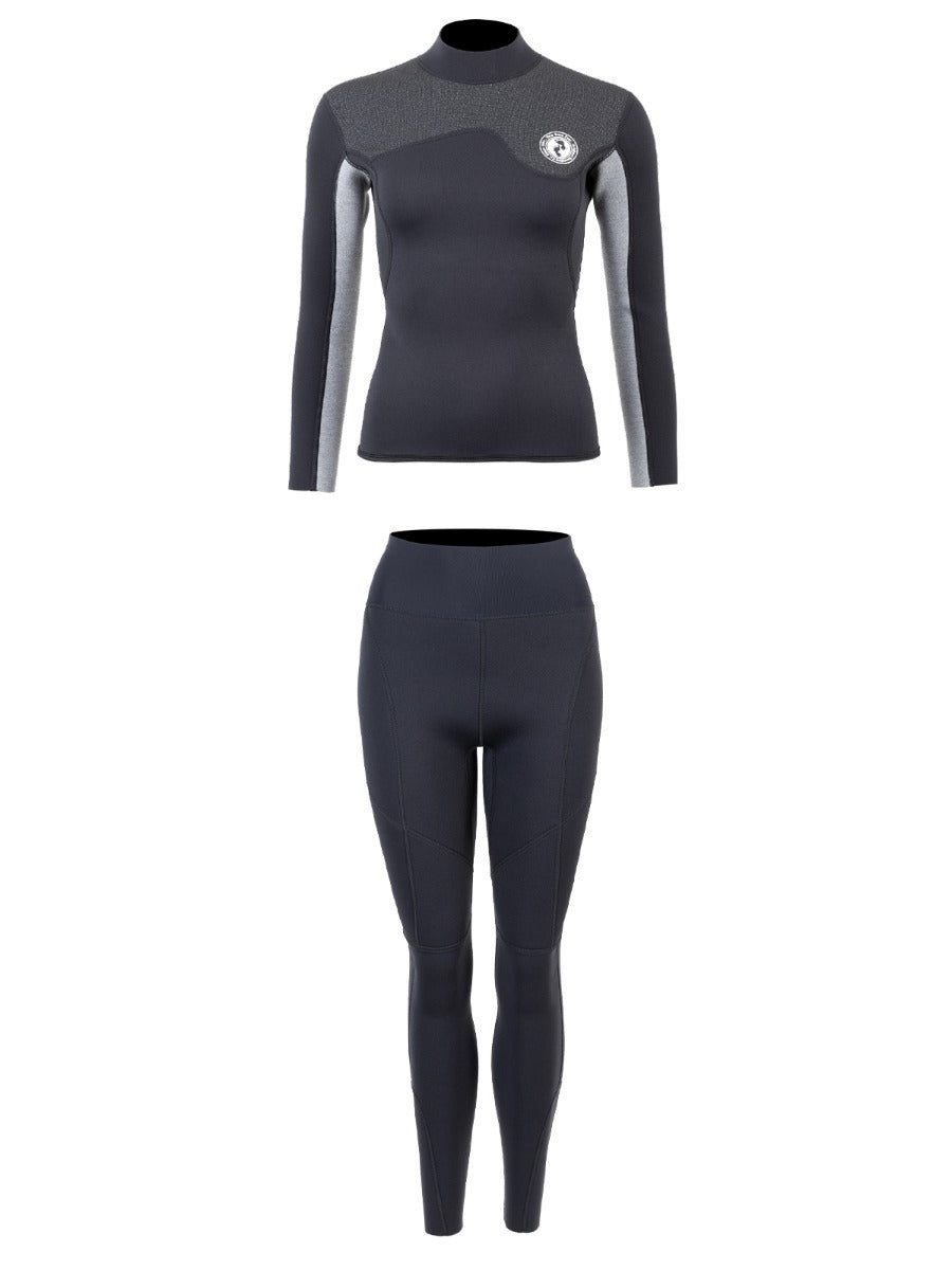 Two Bare Feet Womens Aspect Back Zip 2.5mm Wetsuit Jacket & Pants Set (Black/Grey/Grey)