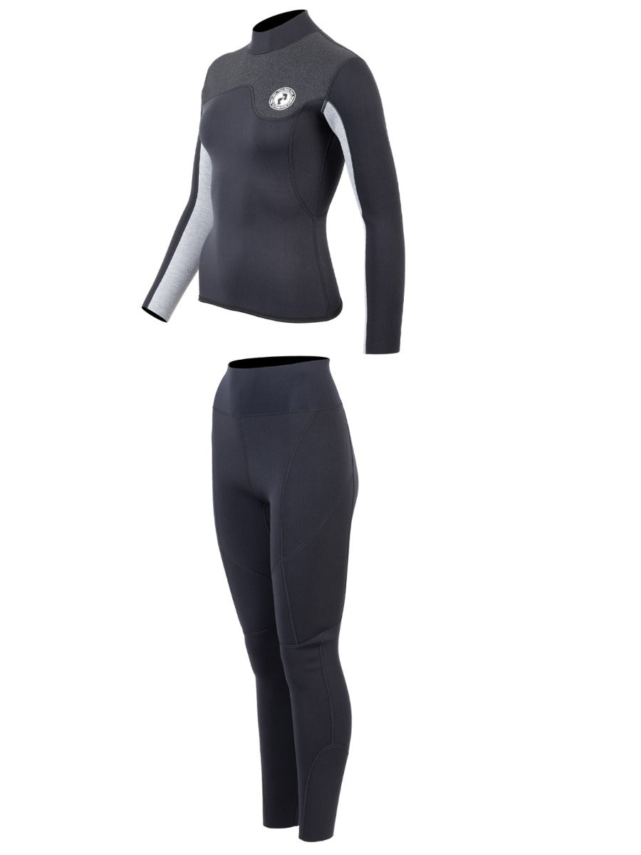 Two Bare Feet Womens Aspect Back Zip 2.5mm Wetsuit Jacket & Pants Set (Black/Grey/Grey)