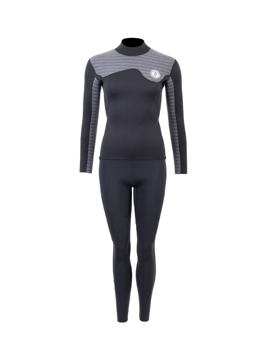 Two Bare Feet Womens Aspect Back Zip 2.5mm Wetsuit Jacket & Pants Set (Black/Grey Stripes)