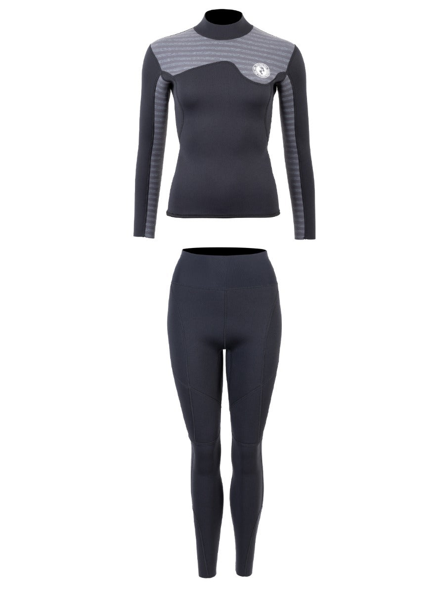 Two Bare Feet Womens Aspect Back Zip 2.5mm Wetsuit Jacket & Pants Set (Black/Grey Stripes)