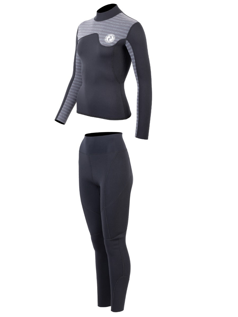 Two Bare Feet Womens Aspect Back Zip 2.5mm Wetsuit Jacket & Pants Set (Black/Grey Stripes)