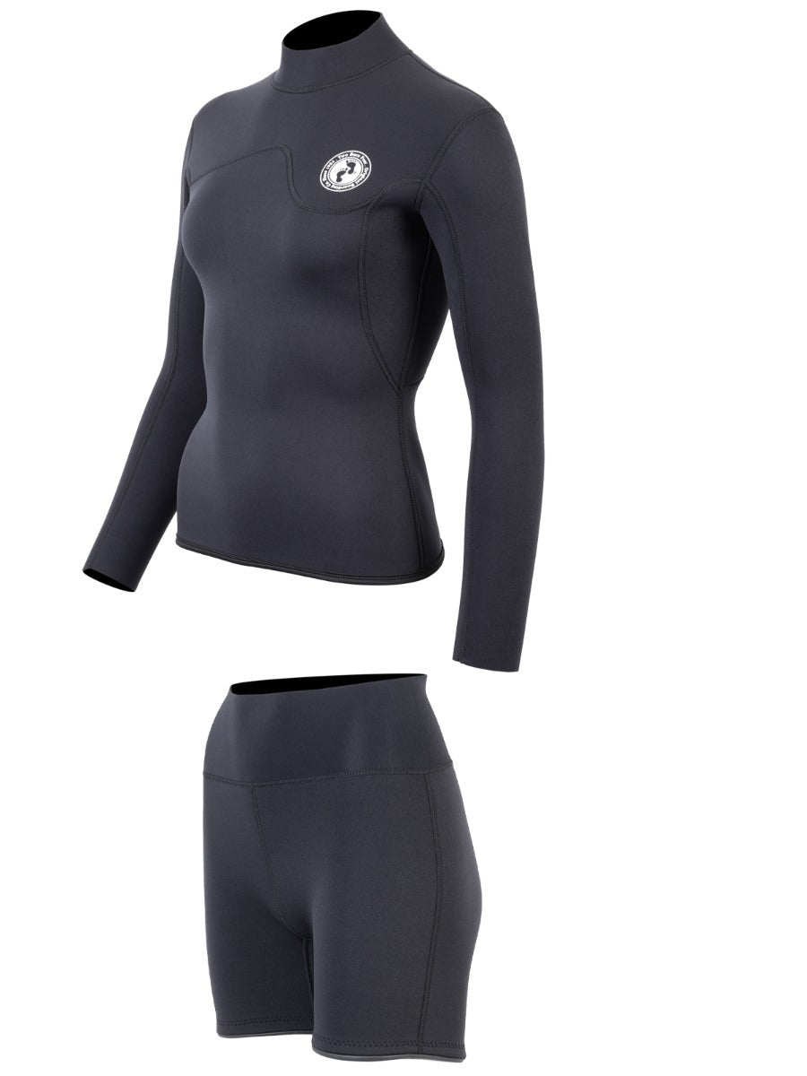 Two Bare Feet Womens Aspect Back Zip 2.5mm Wetsuit Jacket & Hotpants Set (Black)