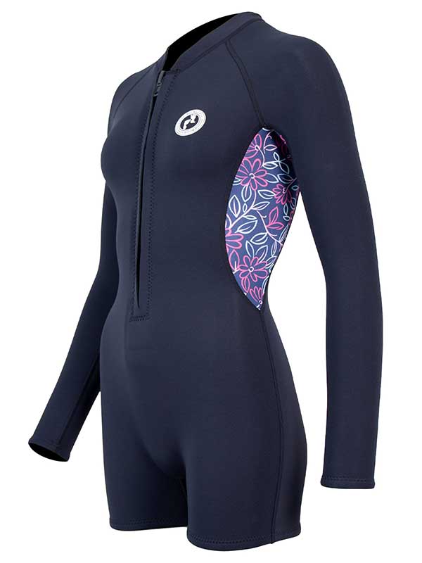 Women's 2.5mm Floral Front Zip Long Sleeve Shorty Wetsuit (Black)