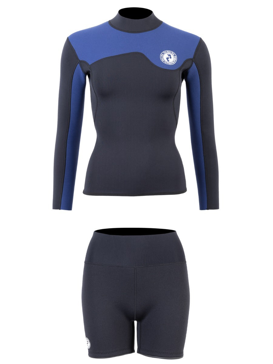 Two Bare Feet Womens Aspect Fleece Lined Zipless Thermal 2.5mm Superstretch Wetsuit Top & Hotpants Set (Black/Blue)
