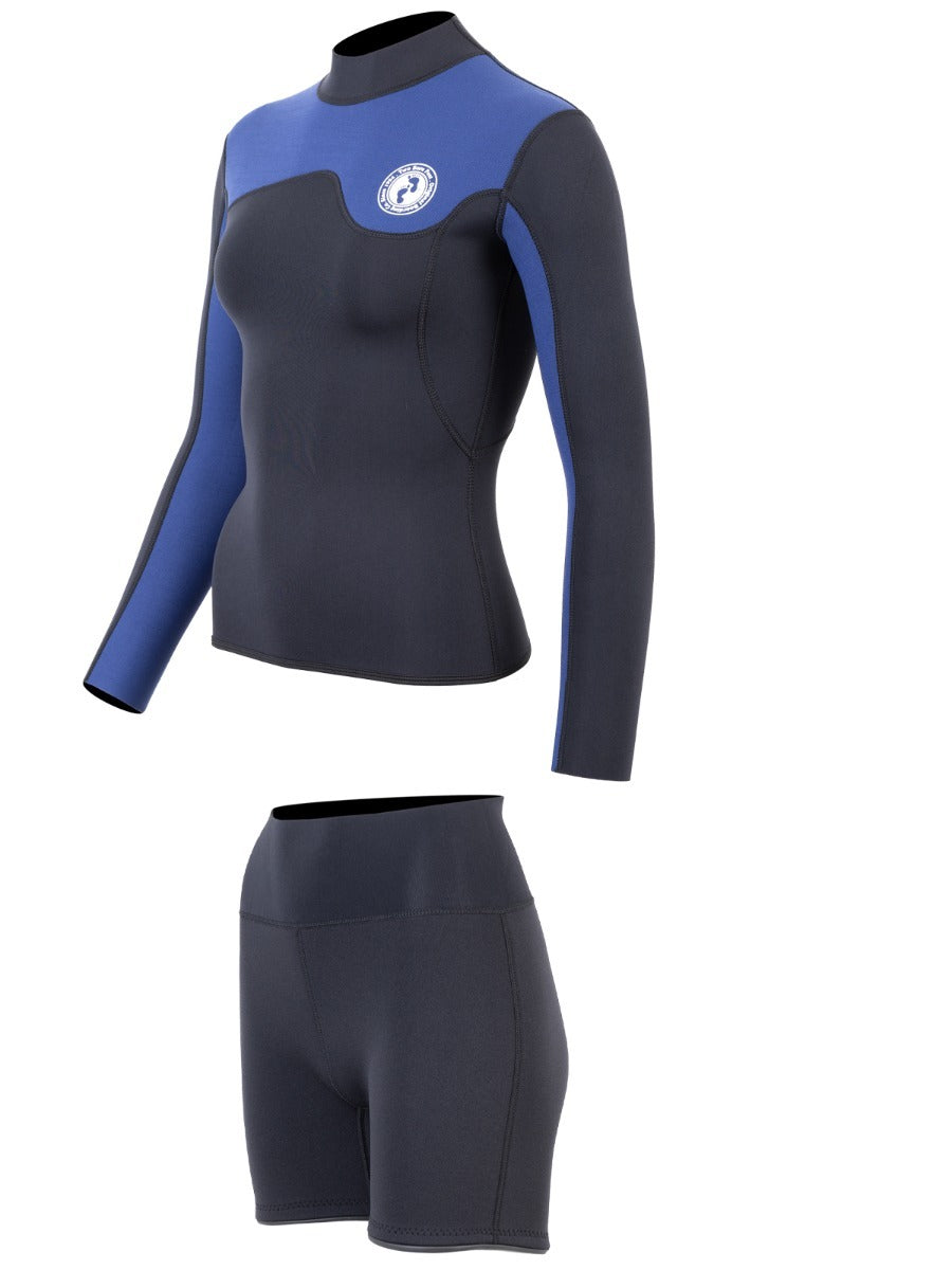 Two Bare Feet Womens Aspect Fleece Lined Zipless Thermal 2.5mm Superstretch Wetsuit Top & Hotpants Set (Black/Blue)