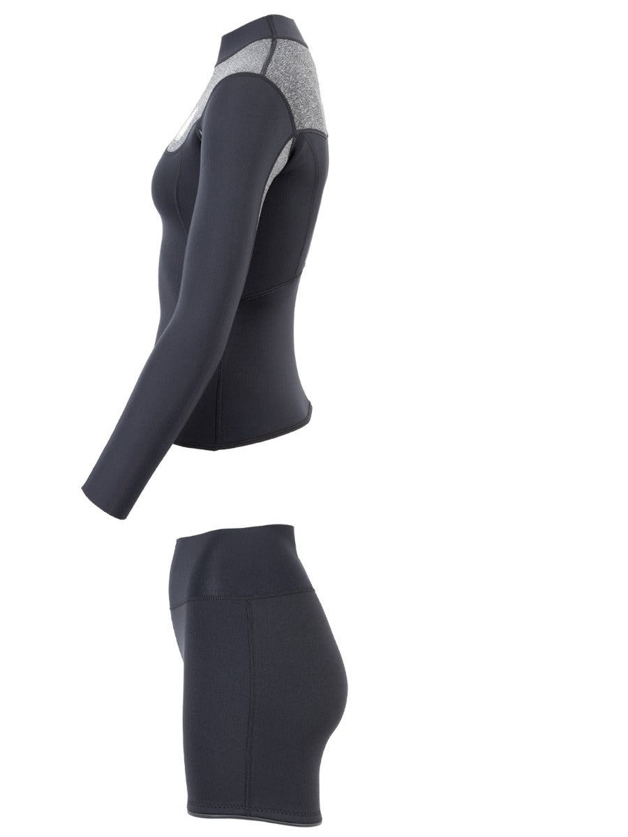 Two Bare Feet Womens Aspect Fleece Lined Zipless Thermal 2.5mm Superstretch Wetsuit Top & Hotpants Set (Black/Grey)