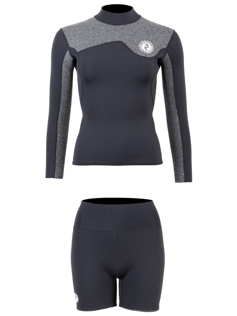 Two Bare Feet Womens Aspect Fleece Lined Zipless Thermal 2.5mm Superstretch Wetsuit Top & Hotpants Set (Black/Grey)