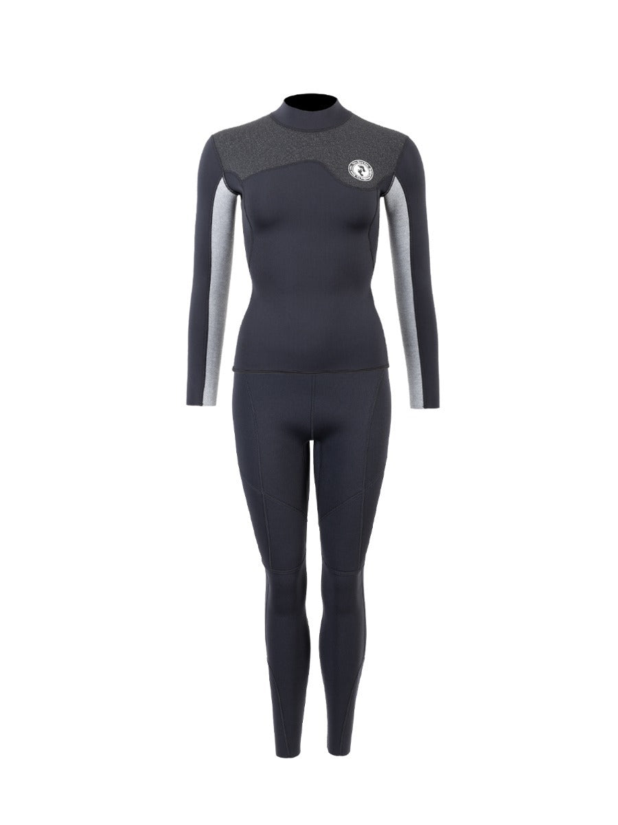 Two Bare Feet Womens Aspect Fleece Lined Zipless Thermal 2.5mm Superstretch Wetsuit Top & Pants Set (Black/Grey/Grey)