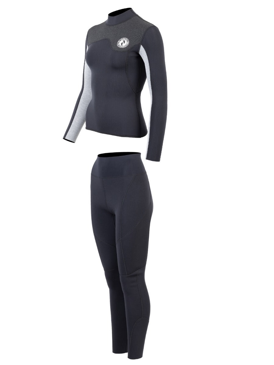 Two Bare Feet Womens Aspect Fleece Lined Zipless Thermal 2.5mm Superstretch Wetsuit Top & Pants Set (Black/Grey/Grey)