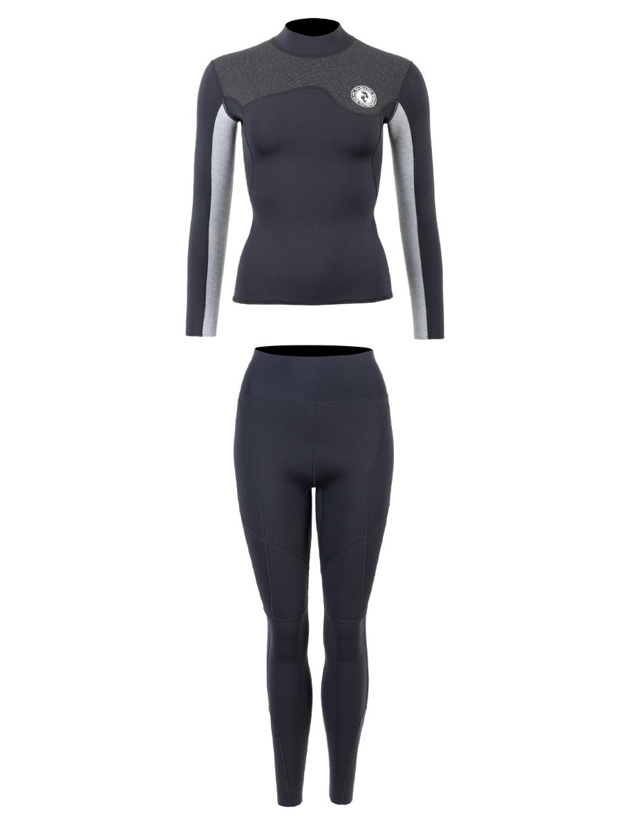 Two Bare Feet Womens Aspect Fleece Lined Zipless Thermal 2.5mm Superstretch Wetsuit Top & Pants Set (Black/Grey/Grey)