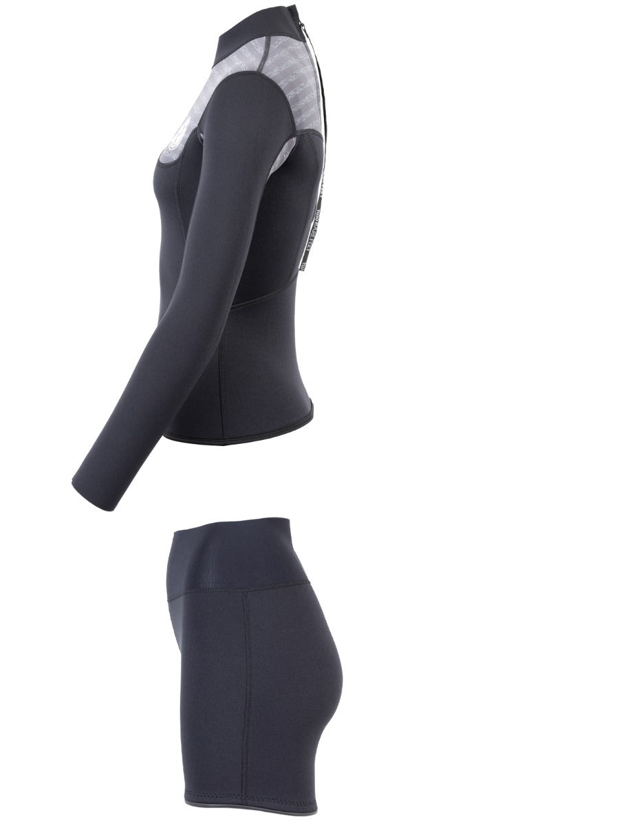 Two Bare Feet Womens Aspect Back Zip 2.5mm Wetsuit Jacket & Hotpants Set (Black/Grey Stripes)