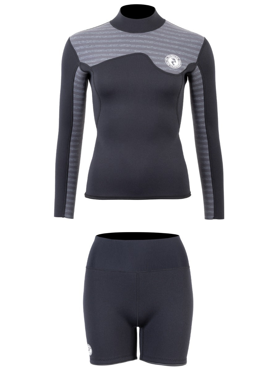 Two Bare Feet Womens Aspect Back Zip 2.5mm Wetsuit Jacket & Hotpants Set (Black/Grey Stripes)