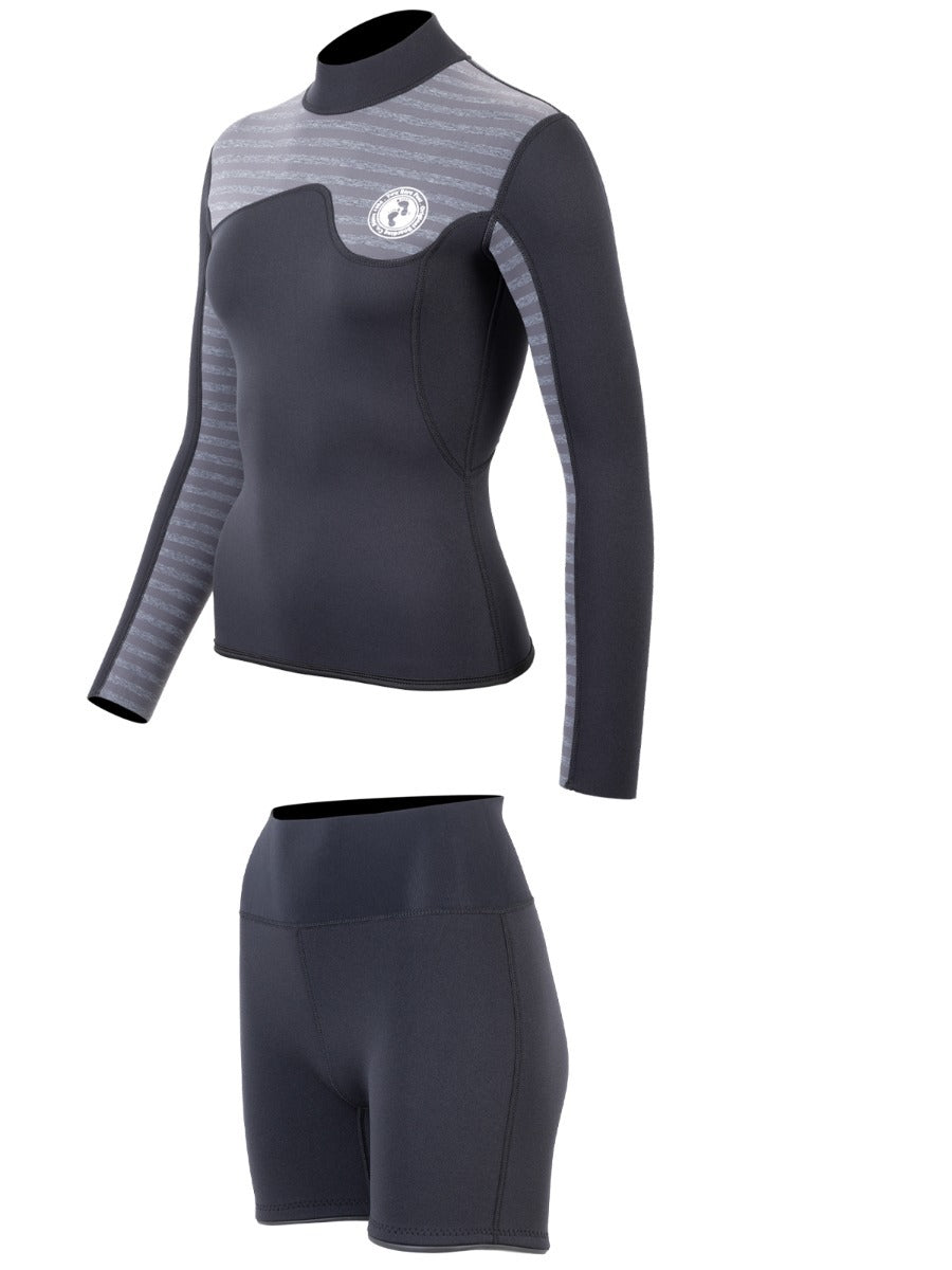 Two Bare Feet Womens Aspect Back Zip 2.5mm Wetsuit Jacket & Hotpants Set (Black/Grey Stripes)