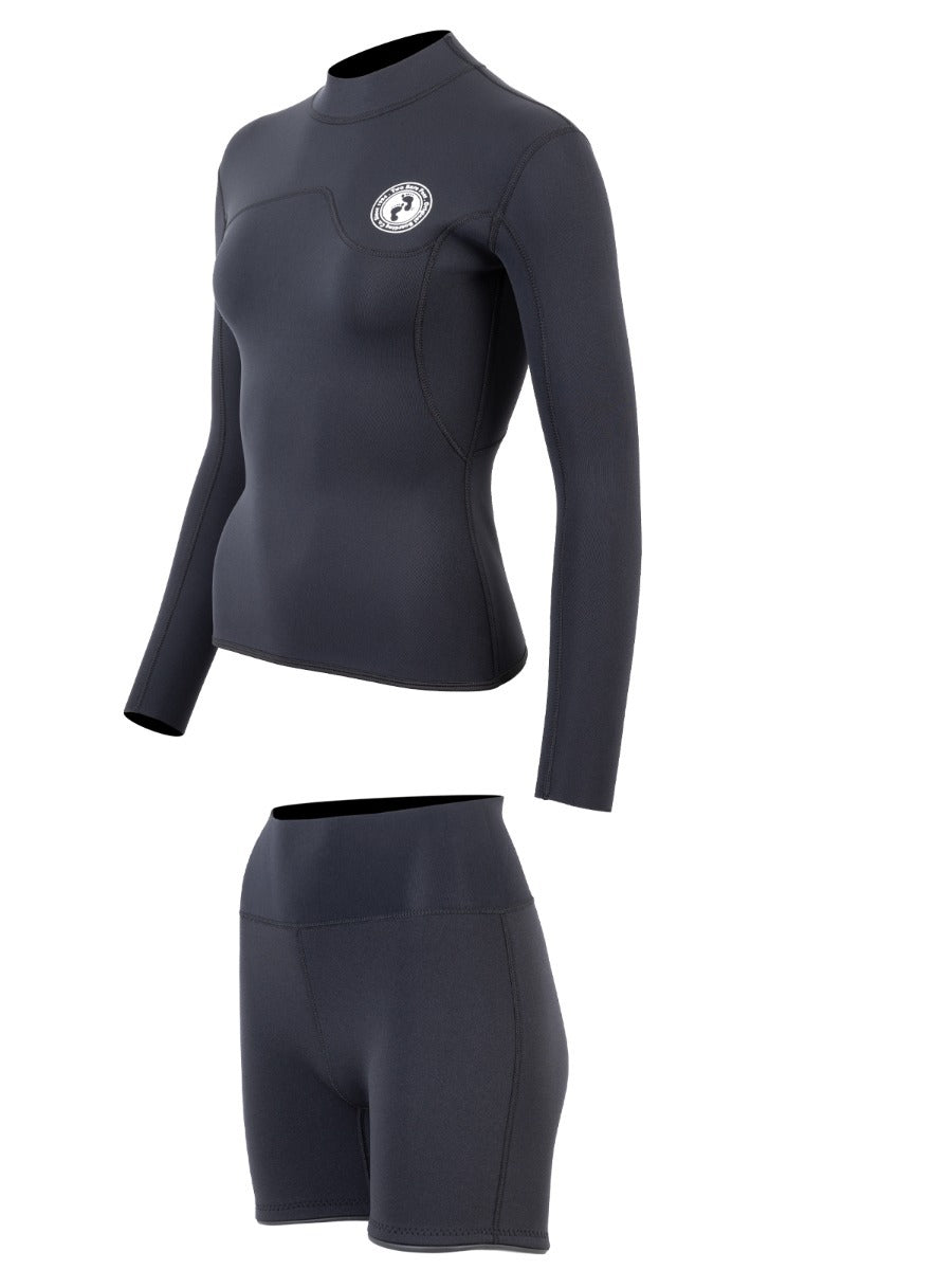 Two Bare Feet Womens Aspect Fleece Lined Zipless Thermal 2.5mm Superstretch Wetsuit Top & Hotpants Set (Black)