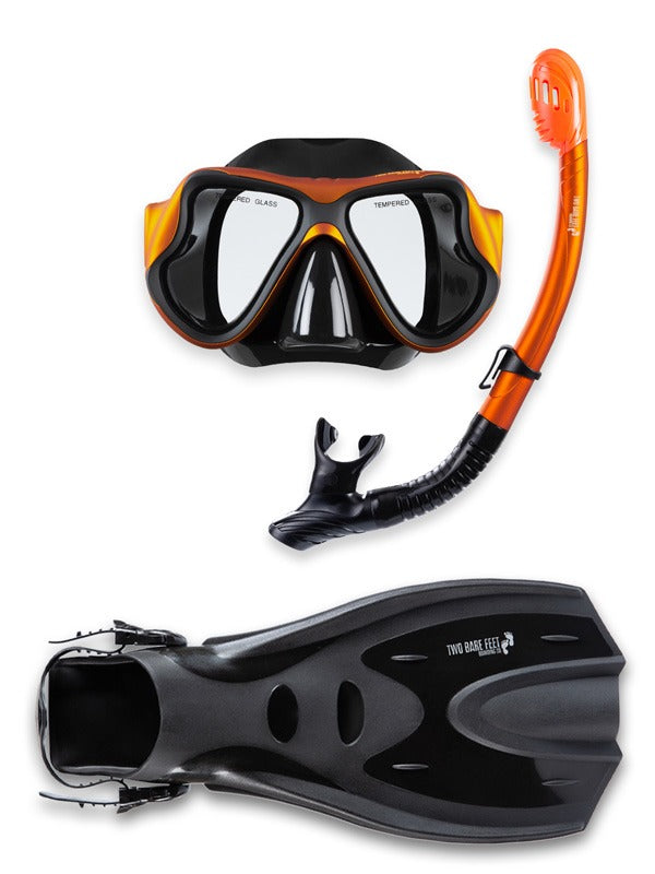 X-Dive Silicone Mask Dry Top Snorkel & F70 Fins 3pc Set (Orange / Black)