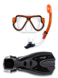 X-Dive Silicone Mask Dry Top Snorkel & F70 Fins 3pc Set (Orange / Clear)