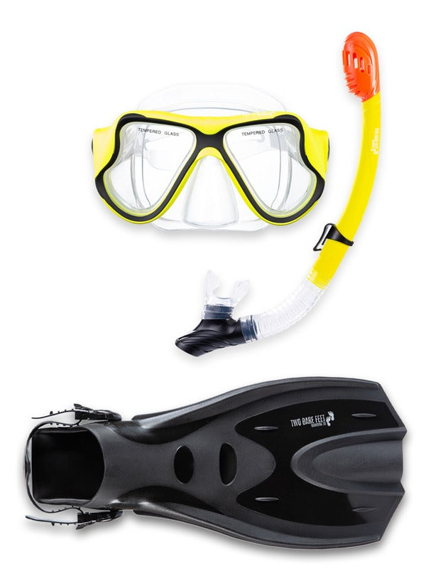 X-Dive Silicone Mask Dry Top Snorkel & F70 Fins 3pc Set (Yellow / Clear)