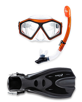 DiveSport Silicone Mask Dry Top Snorkel & F70 Fins 3pc Set (Orange / Clear)