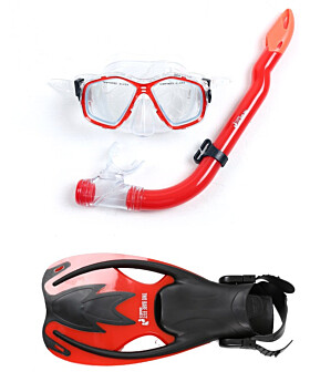 Two Bare Feet Childrens PVC Mask Snorkel Fins 3 Piece Set (Red)