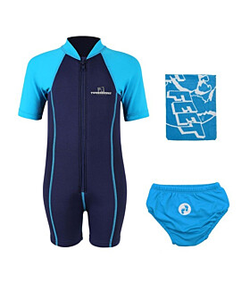 Deluxe Baby Swim Kit - Lycra Arm Wetsuit + Swim Nappy + Towel (Aqua)