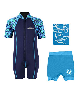 Deluxe Baby Swim Kit - Patterned Lycra Arm Wetsuit + Nappy Shorts + Towel (Aqua)