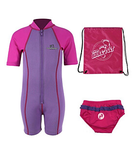 Deluxe Baby Swim Kit - Lycra Arm Wetsuit + Swim Nappy + Bag (Raspberry)