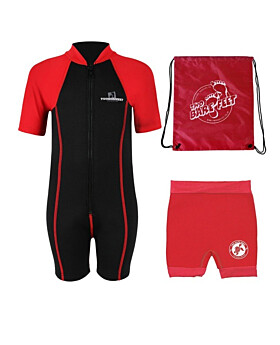 Deluxe Baby Swim Kit - Lycra Arm Wetsuit + Nappy Shorts + Bag (Red)