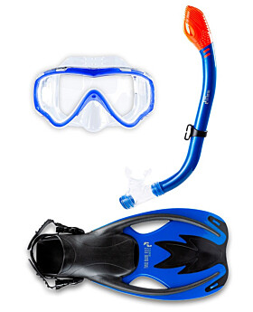 Childrens Silicone Mask Dry Top Snorkel Fins 3Pc Diving Set (Blue)