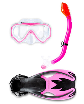 Childrens Silicone Mask Dry Top Snorkel Fins 3Pc Diving Set (Pink)