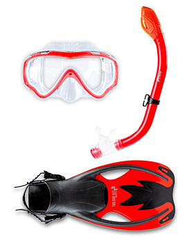 Childrens Silicone Mask Dry Top Snorkel Fins 3Pc Diving Set (Red)