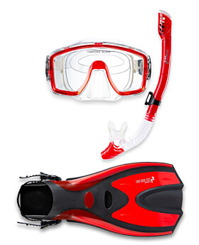 Pro Dive Series Silicone Mask, Dry Top Snorkel & F70 Fins 3 Piece Set 1 (Red)