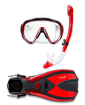 Pro Dive Series Silicone Mask, Dry Top Snorkel & F70 Fins 3 Piece Set 2 (Red)