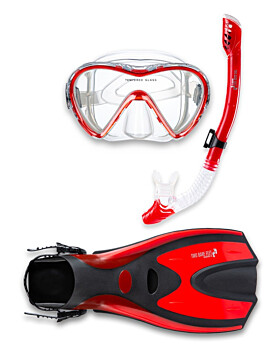 Pro Dive Series Silicone Mask, Dry Top Snorkel & F70 Fins 3 Piece Set 3 (Red)