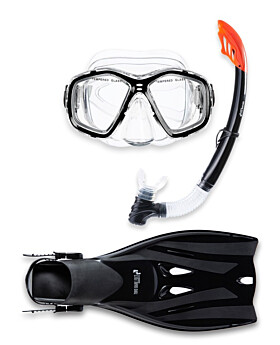 PVC Mask Snorkel & F52 Fins 3pc Set (Black)