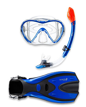 Two Bare Feet Adult Silicone Mask, Dry Top Snorkel & F70 Fins 3 Piece Set 3 (Blue)