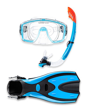 Two Bare Feet Adult Silicone Mask, Snorkel & F70 Fins 3 Piece Set 1 (Aqua)