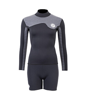 Two Bare Feet Womens Aspect Back Zip 2.5mm Wetsuit Jacket & Hotpants Set (Black/Grey Stripes)