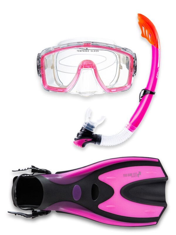 Two Bare Feet Adult Silicone Mask Snorkel Fins Piece Set Pink