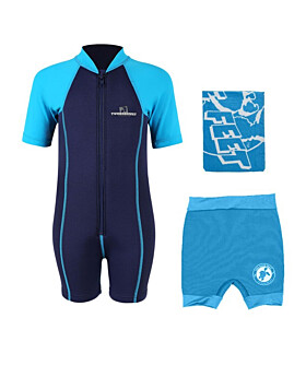 Deluxe Baby Swim Kit - Lycra Arm Wetsuit + Nappy Shorts + Towel (Aqua)