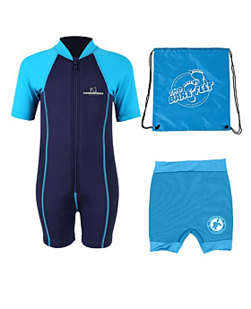 Deluxe Baby Swim Kit - Lycra Arm Wetsuit + Nappy Shorts + Bag (Aqua)
