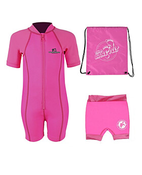 Deluxe Baby Swim Kit - Lycra Arm Wetsuit + Nappy Shorts + Bag (Pink)