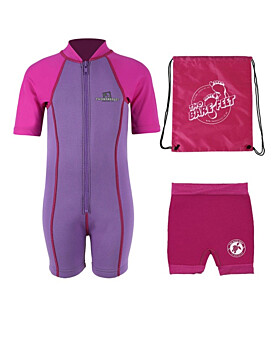 Deluxe Baby Swim Kit - Lycra Arm Wetsuit + Nappy Shorts + Bag (Raspberry)