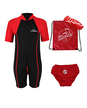 Premier Baby Swim Kit - Lycra Arm Wetsuit + Swim Nappy + Towel + Bag (Red)